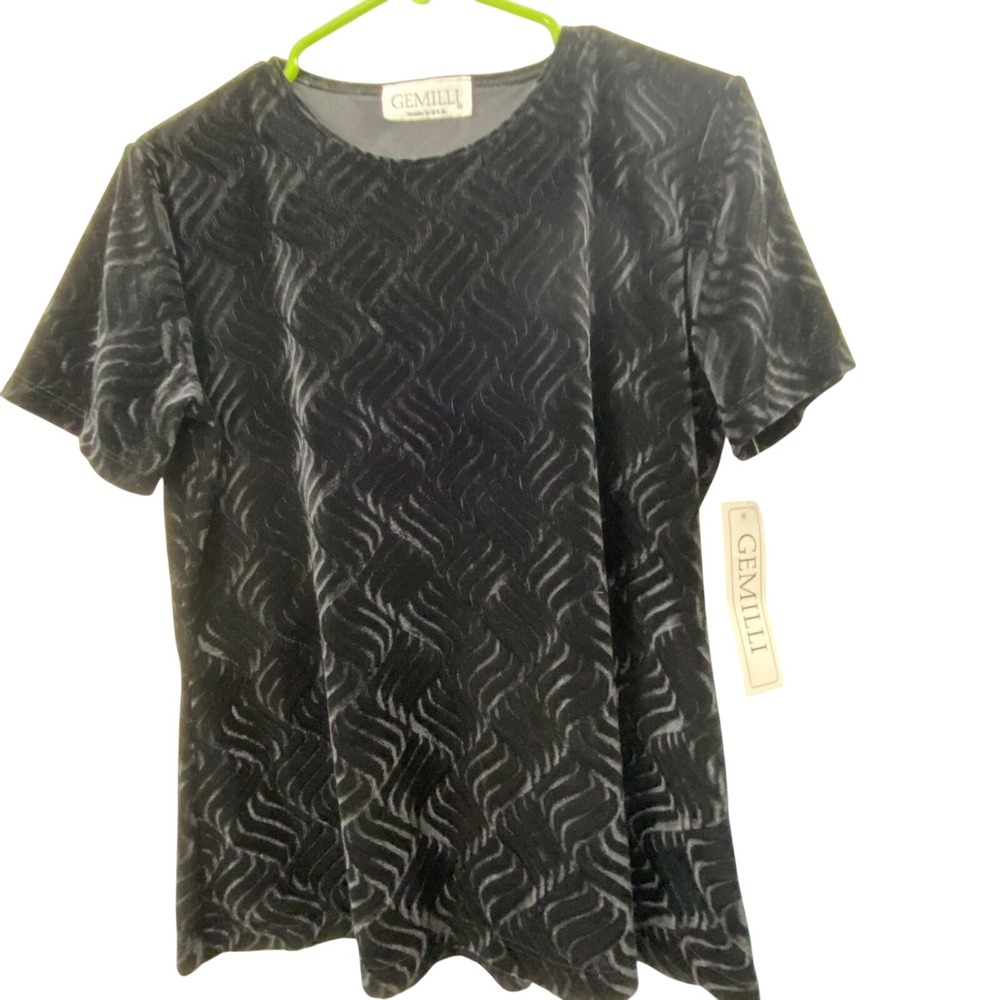 Gemilli Velvet Top Womens L Black Textured Wave Short‎ Sleeve Made in USA Shirt